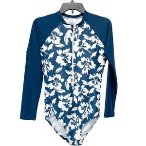 Berry Jane Women's Blue Hibiscus One Piece UPF 50 Rash Guard Swimsuit Size L